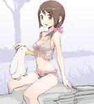  bad_id bad_pixiv_id bird bird_on_leg blush breasts brown_eyes brown_hair camisole cleavage crop_top denim denim_shorts front-tie_top medium_breasts midriff no_bra original outdoors ponytail short_shorts shorts sitting solo tougetsu_gou 