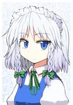  bad_id bad_pixiv_id blue_eyes braid close-up closed_mouth face highres izayoi_sakuya maid nanatsume portrait ribbon smile solo touhou tsurime twin_braids white_hair 