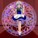  braid izayoi_sakuya magic_circle maid netachou red_eyes ribbon short_hair silver_hair solo touhou twin_braids 