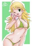  ;d ahoge bikini blonde_hair breasts can can_to_cheek covered_nipples green_background green_bikini green_eyes green_nails hoshii_miki idolmaster idolmaster_(classic) long_hair medium_breasts mercy_rabbit nail_polish navel one_eye_closed open_mouth smile solo string_bikini swimsuit underboob 