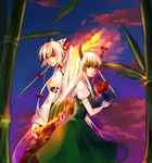  back-to-back bad_id bad_pixiv_id bamboo bamboo_forest bow ex-keine fire forest fujiwara_no_mokou hair_bow hat horns kamishirasawa_keine long_hair multicolored_hair multiple_girls nature nr_(cmnrr) red_eyes touhou white_hair 