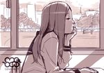  bored closed_mouth commentary_request eyelashes from_side half-closed_eyes hand_on_own_face head_rest indoors long_hair long_sleeves mama_(mama_hiro) monochrome original pink school_uniform serafuku solo upper_body window 