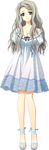  arms_behind_back blue_eyes bow breasts carnelian cleavage dress full_body grey_hair large_breasts para-sol ribbon sandals solo sundress tamaru_yume transparent_background 