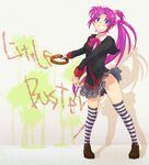  blue_eyes bow grin hair_bobbles hair_ornament instrument little_busters! long_hair nojima pink_bow plaid plaid_skirt purple_hair saigusa_haruka school_uniform side_ponytail skirt smile solo striped striped_legwear tambourine thighhighs 