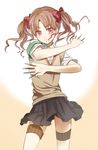  armband armpit_peek bad_id bad_pixiv_id between_fingers blush bow brown_hair dual_wielding hair_bow holding holding_needle long_hair needle pink_eyes school_uniform shirai_kuroko skirt smile solo sticks sweater_vest thigh_strap throwing_needles to_aru_kagaku_no_railgun to_aru_majutsu_no_index tsuguta twintails 