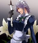  bad_id bad_pixiv_id braid flower gloves hairband hinomoto_madoka izayoi_sakuya knife lily_(flower) maid profile red_eyes short_hair silver_hair solo touhou twin_braids 