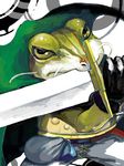  armor cape chrono_trigger frog gloves green_skin kaeru_(chrono_trigger) male_focus no_humans oitsukenai solo sword weapon yellow_eyes 