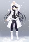  black_eyes black_hair boots coat full_body long_hair meito_(maze) original pantyhose skirt snow solo 