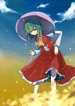  ascot blue_sky cloud day flower green_hair highres kazami_yuuka kurasawa_moko leaning_forward light_smile parasol petals plaid plaid_skirt plaid_vest red_eyes short_hair skirt skirt_lift skirt_set sky smile solo touhou umbrella vest 