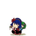  baby babywearing blue_hair chibi denden_daiko green_hair hair_ornament kochiya_sanae leaf_hair_ornament multiple_girls rattle_drum simple_background socha tadpole touhou yasaka_kanako younger |_| 