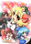  animal_ears antennae black_hair blonde_hair blue_eyes blue_hair bow chibi cirno green_hair hair_bow hair_ribbon kato_(mogumoguokome) multiple_girls mystia_lorelei pink_hair red_eyes reiuji_utsuho ribbon rumia team_9 touhou wings wriggle_nightbug yellow_eyes 