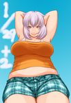  armpits arms_up bbw blue_hair blush blush_stickers breasts character_request chubby copyright_request fat grey_eyes highres kamisuki large_breasts plump pov shorts smile source_request white_hair 