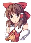  :o bow brown_eyes brown_hair gradient_hair hair_bow hakurei_reimu large_bow multicolored_hair non-web_source open_mouth simple_background solo touhou upper_body weee_(raemz) 