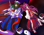  blue_eyes empty_eyes gohei green_hair hakurei_reimu hakurei_reimu_(pc-98) headband long_hair mima multiple_girls ofuda ponytail purple_eyes purple_hair ribbon sanarii side_slit sword touhou touhou_(pc-98) weapon 