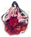  bangs black_hair blunt_bangs branch floral_print frills gathers houraisan_kaguya japanese_clothes jeweled_branch_of_hourai long_hair red_eyes riv shawl smile solo touhou very_long_hair wide_sleeves 