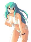  bare_shoulders bent_over bikini bracelet breasts brown_eyes character_request collarbone copyright_request glasses green_hair jewelry jiji large_breasts leaning_forward long_hair navel open_mouth side-tie_bikini solo swimsuit 
