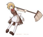  apron bad_id bad_pixiv_id blonde_hair blue_eyes broom hairband maid maid_headdress maid_minnie_(trickster) mystmu pantyhose ribbon short_hair solo trickster white_legwear 