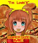  aqua_eyes brown_hair food french_fries hamburger heart heart-shaped_pupils idolmaster idolmaster_(classic) nerotarou@seven parody solo symbol-shaped_pupils takatsuki_yayoi when_you_see_it 