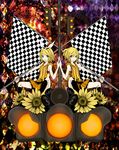  1girl aqua_eyes bad_id bad_pixiv_id blonde_hair brother_and_sister checkered checkered_flag flag flower hair_ornament hair_ribbon hairclip highres kagamine_len kagamine_rin ribbon short_hair siblings smile sunflower twins vocaloid 