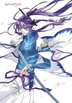  armor bad_id bad_pixiv_id blue_eyes hair_ribbon headphones japanese_armor japanese_clothes kamui_gakupo katana long_hair male_focus ponytail psd purple_hair ribbon samurai shoulder_armor sode solo sword vocaloid weapon 