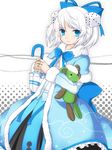  bad_id bad_pixiv_id blue_eyes bow closed_umbrella dice dress kuusi_(trickster) parasol ribbon sad seriko_(652261) short_hair solo stuffed_animal stuffed_toy tears teddy_bear trickster umbrella white_hair 