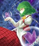 arm_garter ascot brown_eyes bubble flower green_hair hand_on_own_chest kazami_yuuka parted_lips plaid plaid_skirt plaid_vest profile puffy_sleeves red_eyes shaded_face sharp_(renweixia) short_hair skirt skirt_set solo touhou untucked vest 