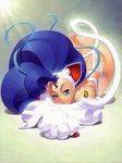  animal_ears artist_request big_hair blue_eyes blue_hair bug butterfly cat_ears claws felicia fur insect long_hair solo squatting tail vampire_(game) 