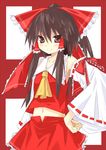  bow brown_eyes brown_hair detached_sleeves hair_bow hakurei_reimu kitsune_(scaz) midriff solo touhou 