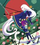  absurdly_long_hair bad_id bad_pixiv_id chain flat_color full_body hibi_(marie) japanese_clothes katana katanagatari kunai leaf long_hair maple_leaf purple_eyes sandals snake solo sword thighhighs toeless_legwear togame very_long_hair weapon white_hair 