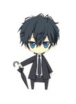  black_hair blue_eyes carnelian chibi formal fujita_kojirou full_body lowres male_focus para-sol solo suit transparent_background umbrella 