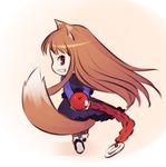  animal_ears apple brown_hair chibi food fruit futaba_jun holding holding_food holding_fruit holo long_hair looking_back lowres red_eyes smile solo spice_and_wolf tail wolf_ears wolf_tail 
