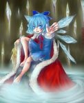  1girl bangs barefoot blood blood_on_face bloody_clothes bloody_hands blue_bow blue_eyes blue_hair bow cape cirno dress eyebrows eyebrows_visible_through_hair hair_between_eyes hair_bow ice ice_wings ma-ze-ru short_hair sitting solo tongue tongue_out touhou wings 