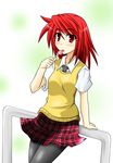  aketake blush candy contemporary duel_monster food hiita lollipop pantyhose plaid plaid_skirt red_eyes red_hair skirt solo sweater tongue yuu-gi-ou yuu-gi-ou_duel_monsters 