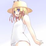  akesaka_iku arms_behind_back blonde_hair blue_eyes eyes flat_chest hat highres moriya_suwako one-piece_swimsuit short_hair smile solo swimsuit touhou 