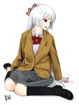  akai_ronii alternate_costume bad_id bad_pixiv_id black_legwear bow bowtie fujiwara_no_mokou hair_bow hair_ribbon kneehighs long_hair red_eyes ribbon school_uniform silver_hair sitting solo touhou wariza 