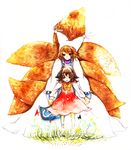  :o absurdres animal_ears aone/yamase_mimu cat_ears chen fox_tail hat highres holding multiple_girls multiple_tails no_hat no_headwear open_mouth smile tail touhou traditional_media watercolor_(medium) yakumo_ran 