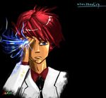  acrio_(artist) blue_eyes eye eye_beam eyes facepalm formal glowing glowing_eyes light male male_focus necktie red_hair redhead suit text umineko_no_naku_koro_ni ushiromiya_battler 