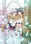  animal_ears black_hair blush closed_eyes detached_sleeves feathers geta hat highres in_tree inubashiri_momiji multiple_girls red_eyes scarf shameimaru_aya shared_scarf short_hair sitting sitting_in_tree tail tengu-geta tokin_hat touhou tree usakou white_hair wolf_ears wolf_tail 