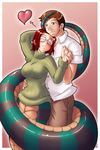  blush bottomless breasts couple cute freckles glasses heart lamia large_breasts monster_girl naga pussy red_hair sweater tail turtleneck 