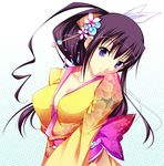  blue_eyes brown_hair ekureeru flower hair_ornament japanese_clothes kimono long_hair original ponytail solo yellow_kimono yukata 