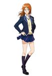  artist_request blazer blue_eyes blue_skirt hands_on_hips highres jacket kneehighs long_hair official_art orange_hair plaid ryuukouji_kai school_uniform shoes skirt smile socks solo tokimeki_memorial tokimeki_memorial_4 