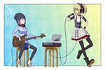  bass_guitar black_legwear blonde_hair blue_eyes blue_hair boots choker computer dress guitar hair_ornament hairclip hat headphones hood hoodie idolmaster idolmaster_dearly_stars instrument laptop leg_lift microphone mizutani_eri multiple_girls open_mouth plaid puton red_eyes short_hair sitting skirt smile stool suzuki_ayane thighhighs twintails zettai_ryouiki 