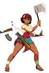  1girl ajna_(indivisible) axe black_eyes brown_hair gun indivisible looking_at_viewer nedoiko photoshop sandals simple_background slicing solo weapon white_background 