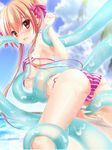  blush brown_eyes brown_hair hair_ribbon hanatouji_aisa majika_majika ribbon swimsuit tentacle zinno 