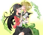  2girls amagi_yukiko artist_request black_hair brown_hair clothes_around_waist hand_holding kiss multiple_girls persona persona_4 satonaka_chie yuri 