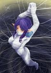  1girl armpits arms_up bdsm bondage bound cocoon elf female judith krityan looking_at_viewer mummification mummy pointy_ears purple_hair solo spider spider_web tales_of_vesperia 
