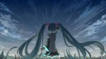  1girl absurdly_long_hair absurdres aqua_hair belt cityscape commentary cowboy_shot detached_sleeves english_commentary from_behind glowing hair_ornament hand_over_face hatsune_miku headphones highres long_hair night night_sky re_eva scenery shooting_star skirt sky solo symbol_commentary thighhighs twintails very_long_hair vocaloid zettai_ryouiki 