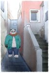  2019 anthro belly blush clothing giant_panda humanoid_hands male mammal noko_illust outside overweight overweight_male pants scarf shirt solo sweater ursid 