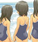  3girls ass beach black_hair child flat_chest from_behind kikurage_(crayon_arts) multiple_girls outside swimsuit 