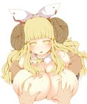  absurd_res anila_(granblue_fantasy) bare_shoulders blonde_hair blush breast_grab breasts cow_girl cow_horns demon_girl grabbing granblue_fantasy hair_ornament hair_ribbon horns huge_breasts long_hair looking_at_viewer male_hand open_mouth pov ribbon satou_makura simple_background succubus sweat thick_eyebrows white_background yellow_eyes 